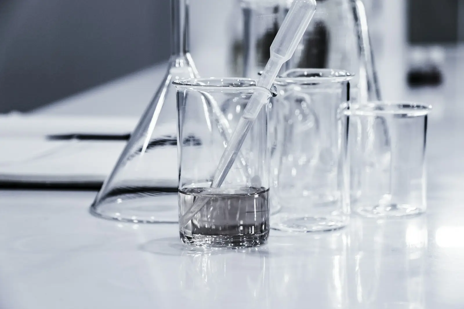 Laboratory beakers on a bench